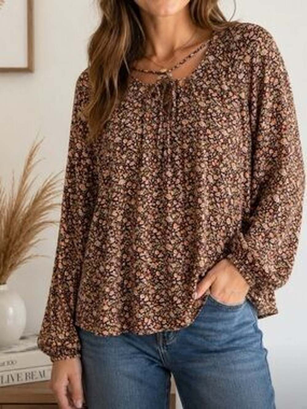 Natural Life Brown Floral Long Sleeve Drawstring V-Neck Blouse Top Plus Size XXL